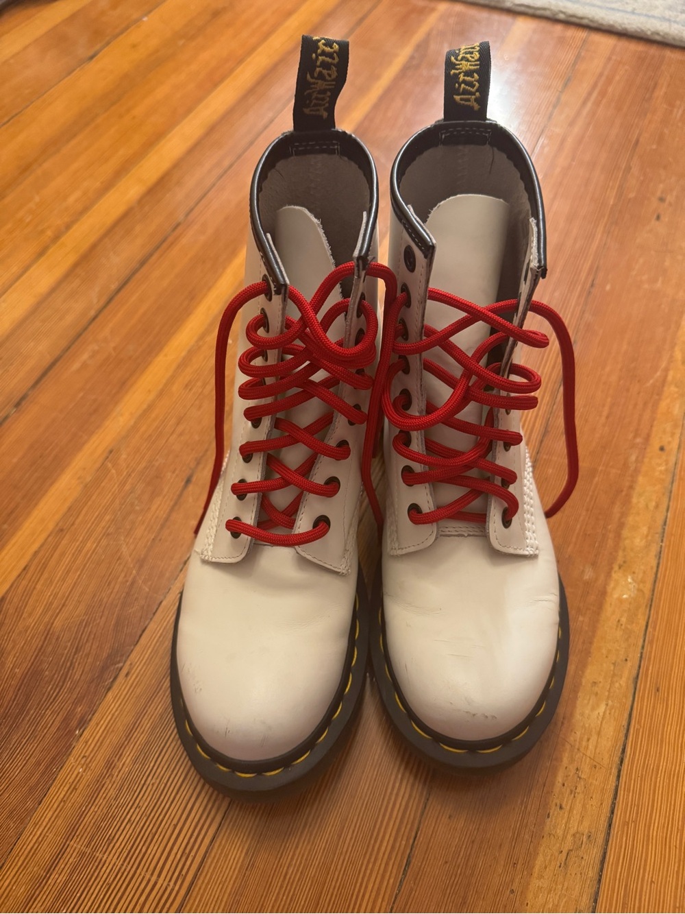 White Dr. Martens 1460 boots with red laces Size US L 6